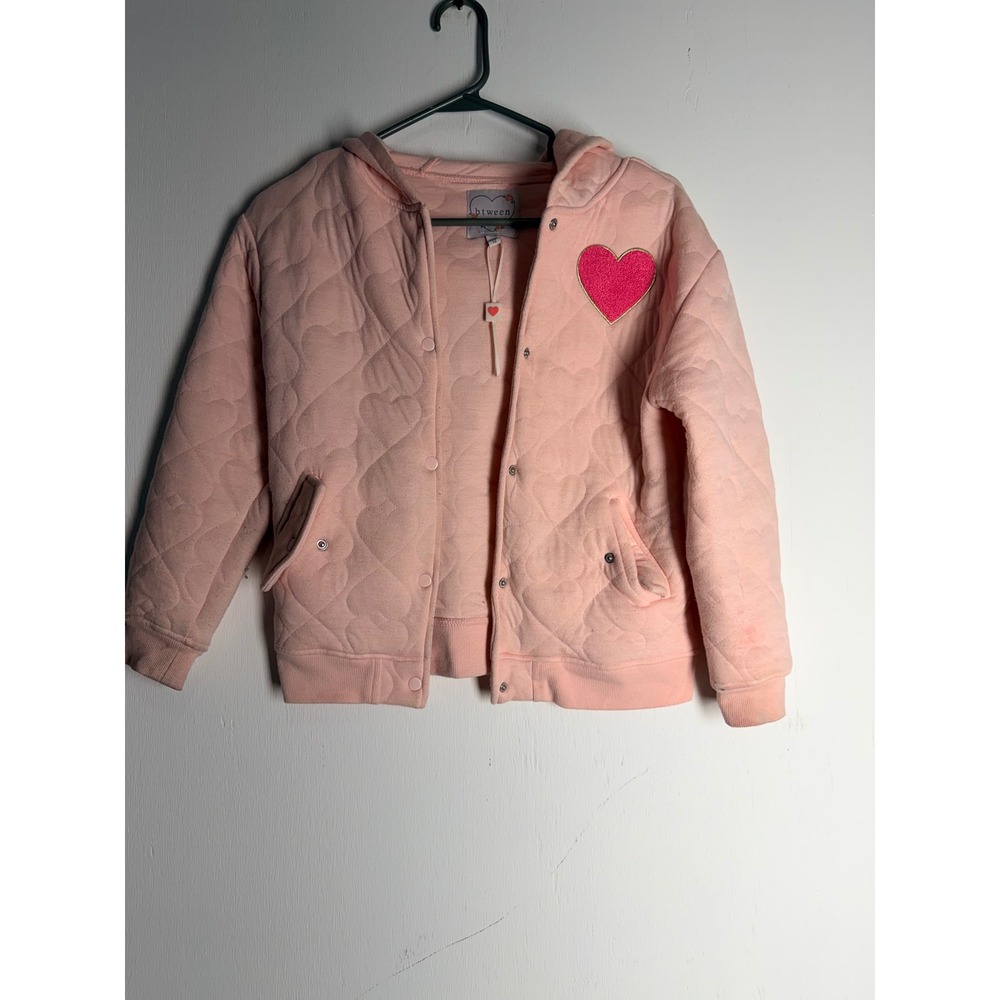Btween Girls Pink Quilted Heart Jacket Hooded Snap Front Size 12 Heart Patch